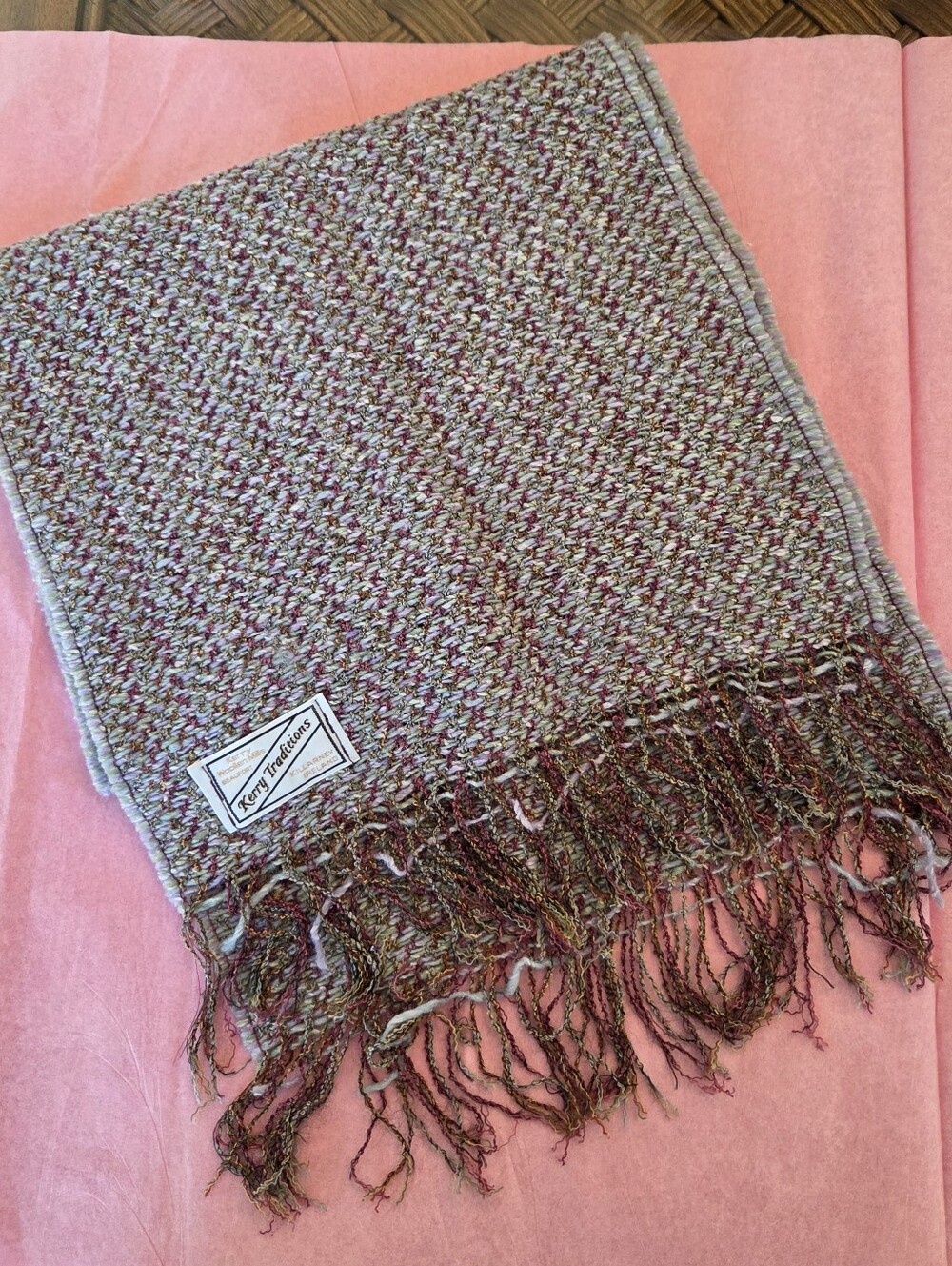 Kerry Woollen Mills Irish Wool Tweed Long Scarf 12x61 Multicolor with Fringe